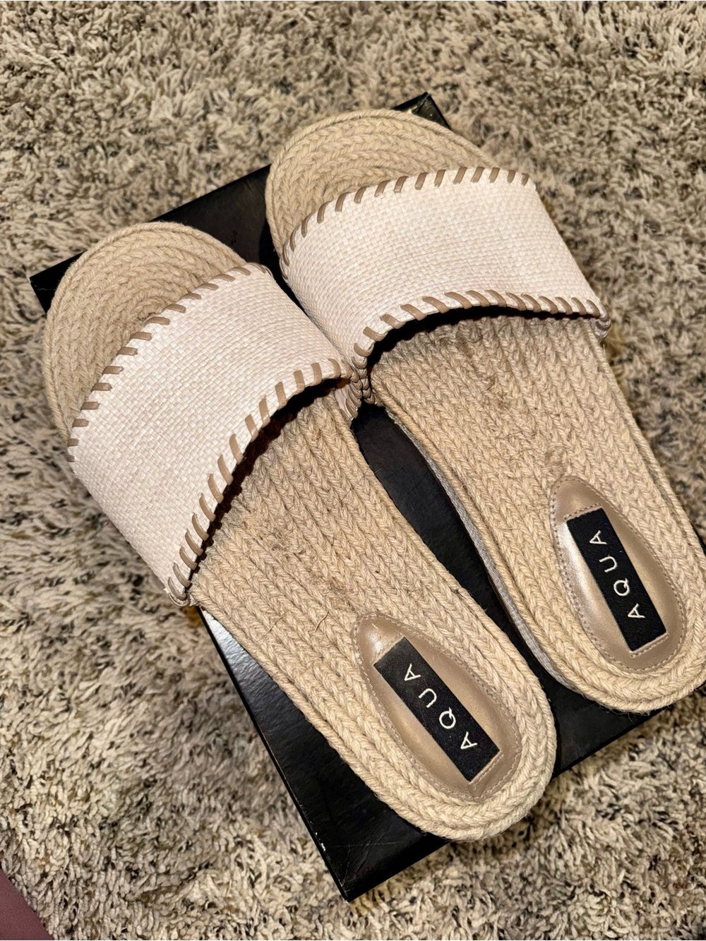 AQUA Raffia Espadrille Slide Sandals Tan/White Jute Insole Women's 9.5B - Picture 2 of 5